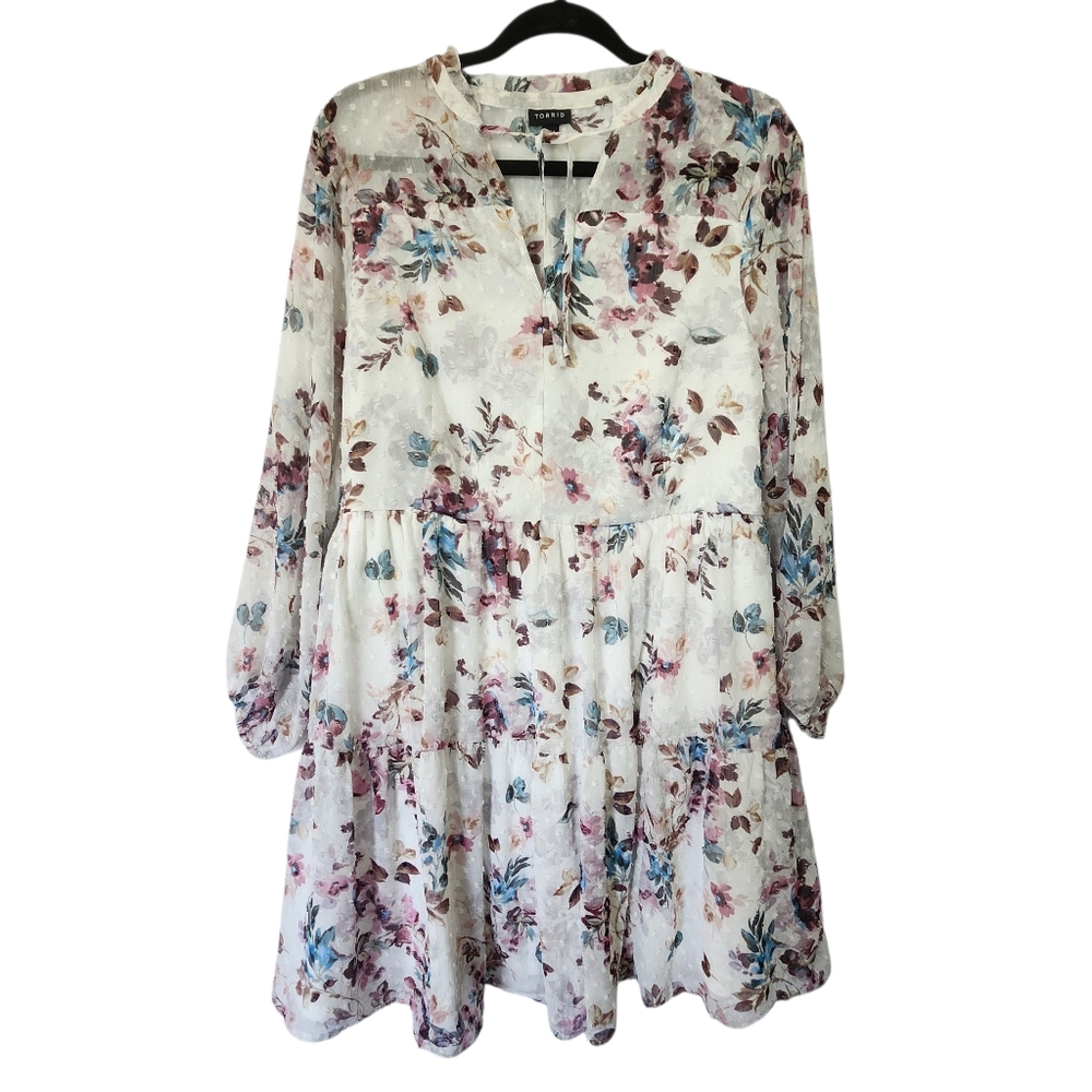 Torrid Floral Chiffon Clip Dot Skater Dress Size 1 (14/16  Sheer Tiered Feminine